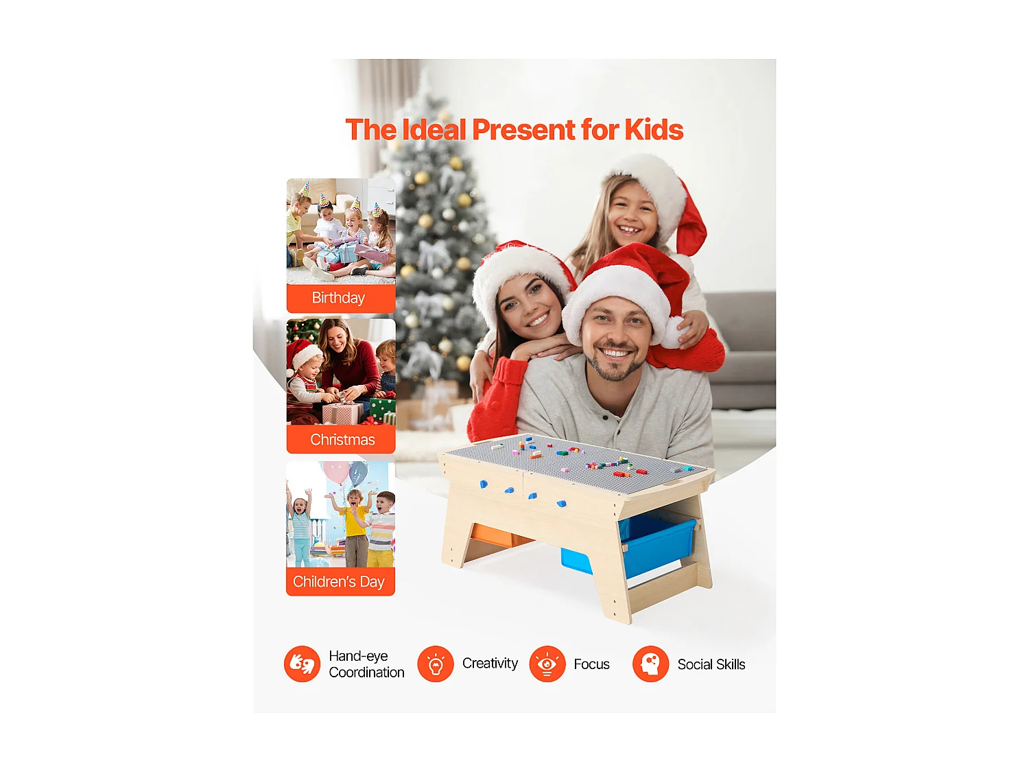 Table d'Activités SucceBuy pour Enfants avec 200 Blocs de Construction, Table de Jeu Multifonction en Bois, avec 3 Bacs de Rangement de Grand Espace