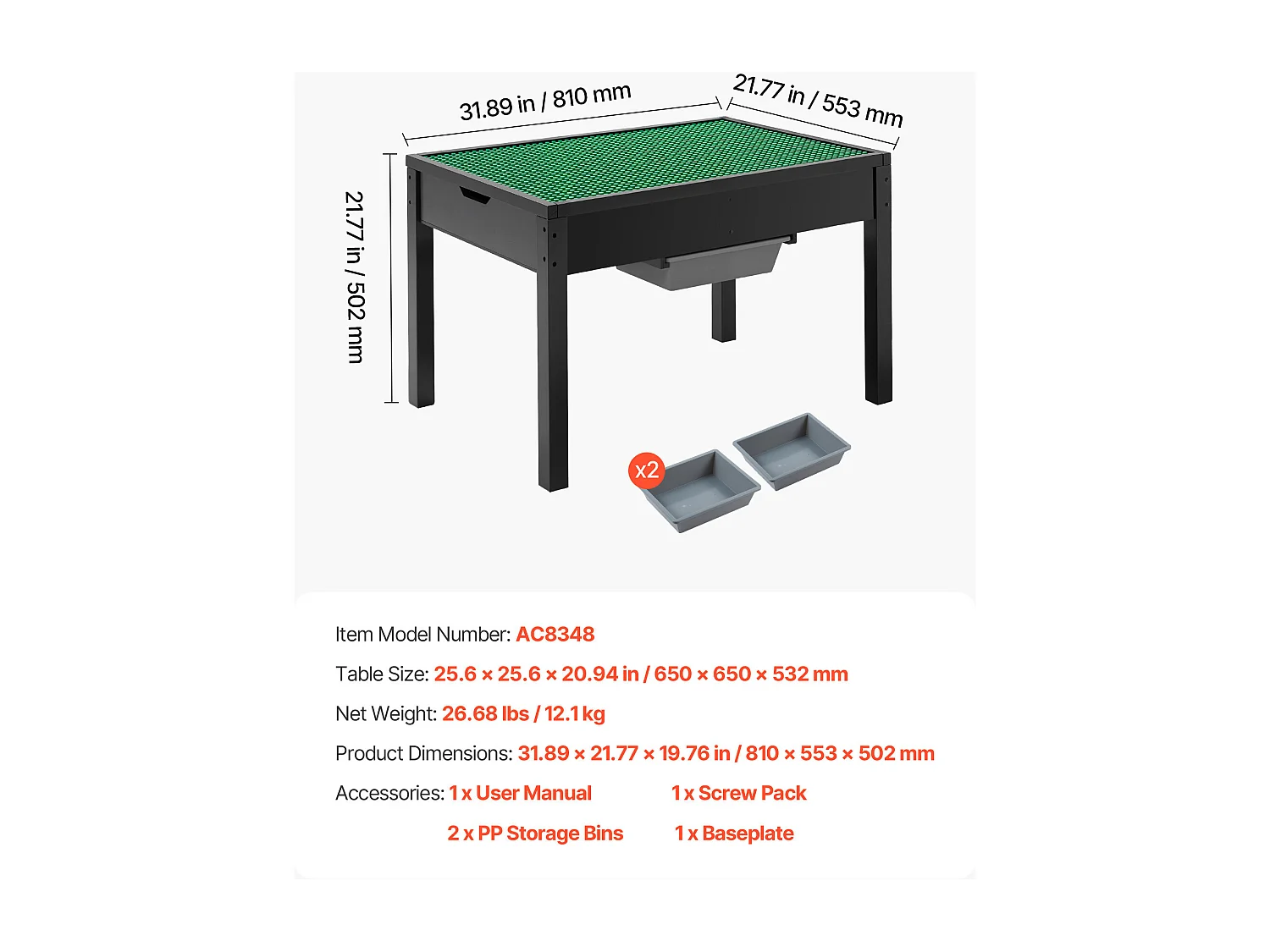 Mesa de Actividades SucceBuy para Niños con Tablero Doble Cara de Bloques de Construcción, Mesa de Juego Multifunción de Madera, 2 Cubos de Almacenamiento