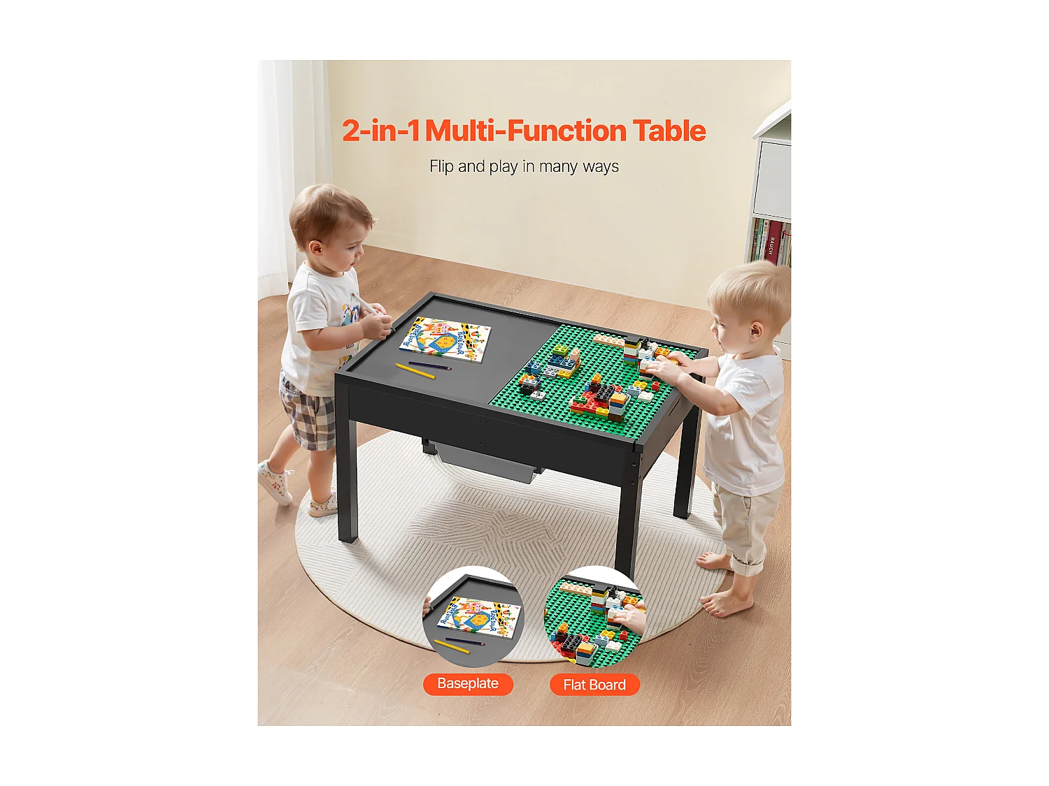 Mesa de Actividades SucceBuy para Niños con Tablero Doble Cara de Bloques de Construcción, Mesa de Juego Multifunción de Madera, 2 Cubos de Almacenamiento