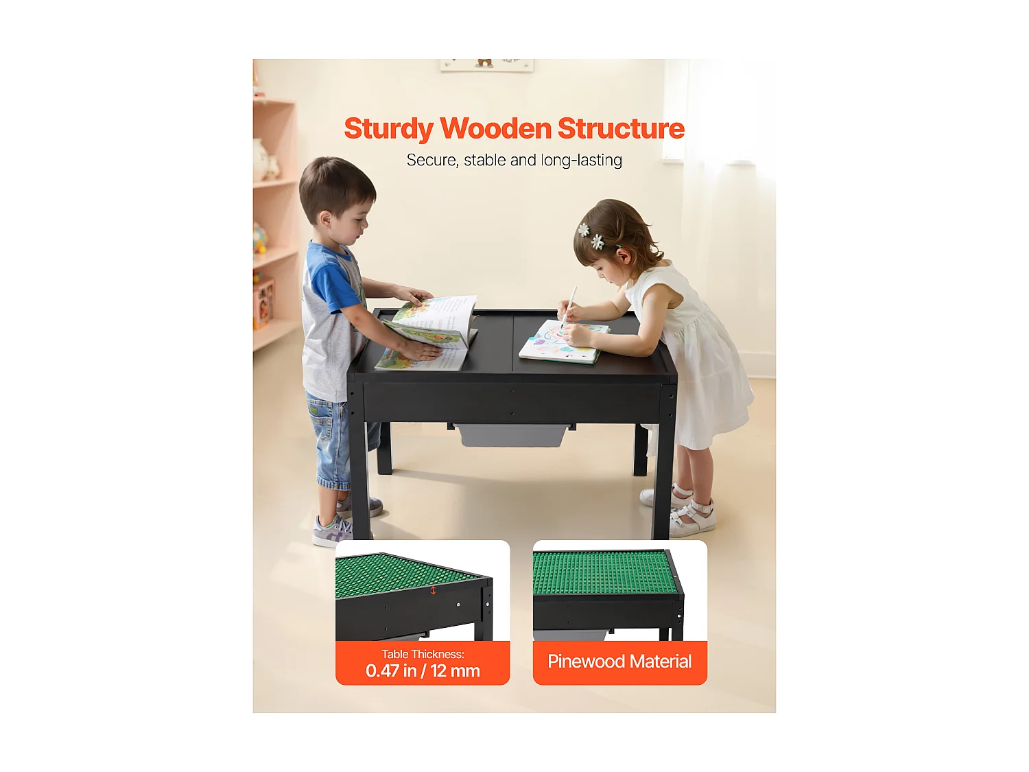 Mesa de Actividades SucceBuy para Niños con Tablero Doble Cara de Bloques de Construcción, Mesa de Juego Multifunción de Madera, 2 Cubos de Almacenamiento