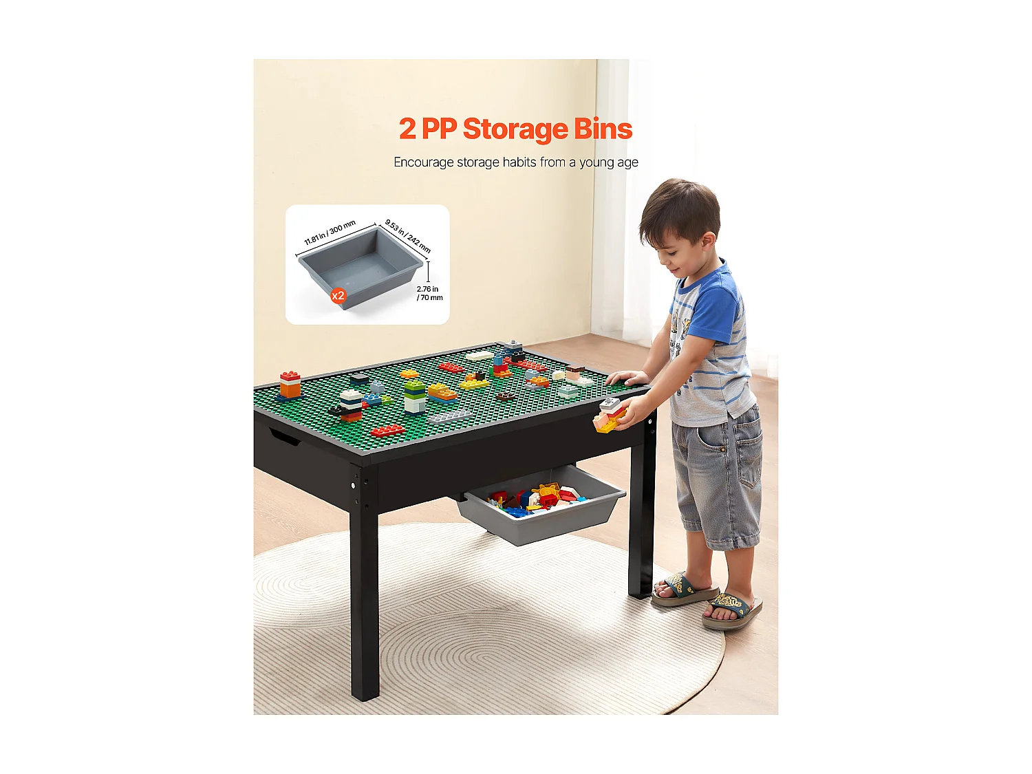 Mesa de Actividades SucceBuy para Niños con Tablero Doble Cara de Bloques de Construcción, Mesa de Juego Multifunción de Madera, 2 Cubos de Almacenamiento