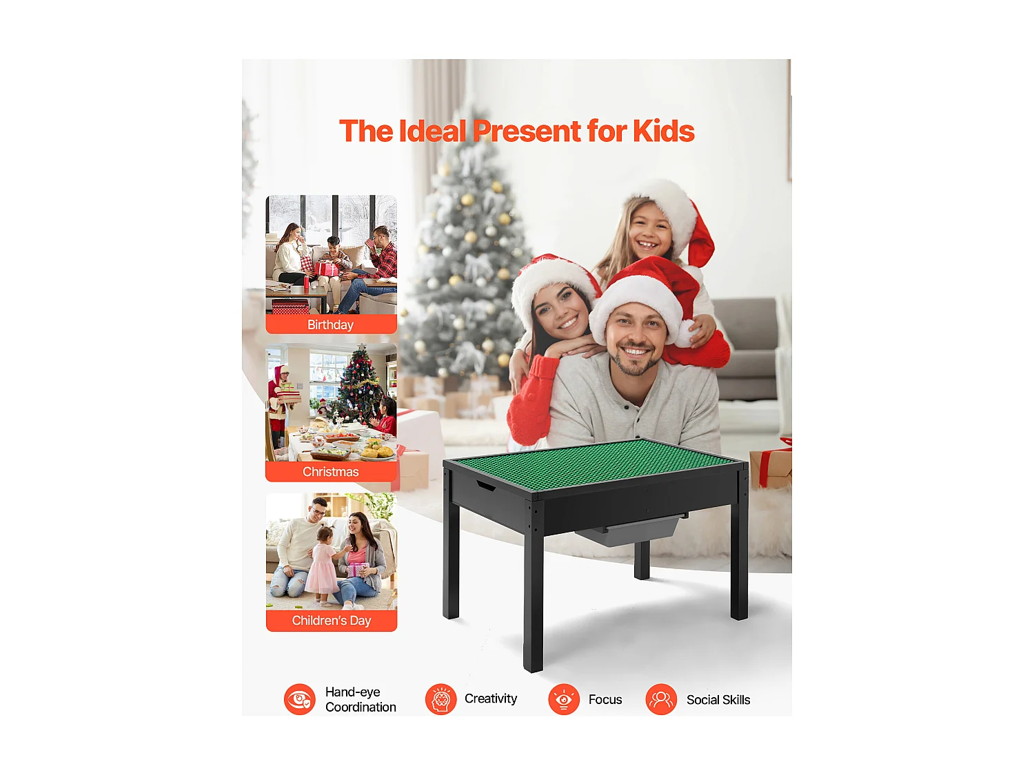 Mesa de Actividades SucceBuy para Niños con Tablero Doble Cara de Bloques de Construcción, Mesa de Juego Multifunción de Madera, 2 Cubos de Almacenamiento