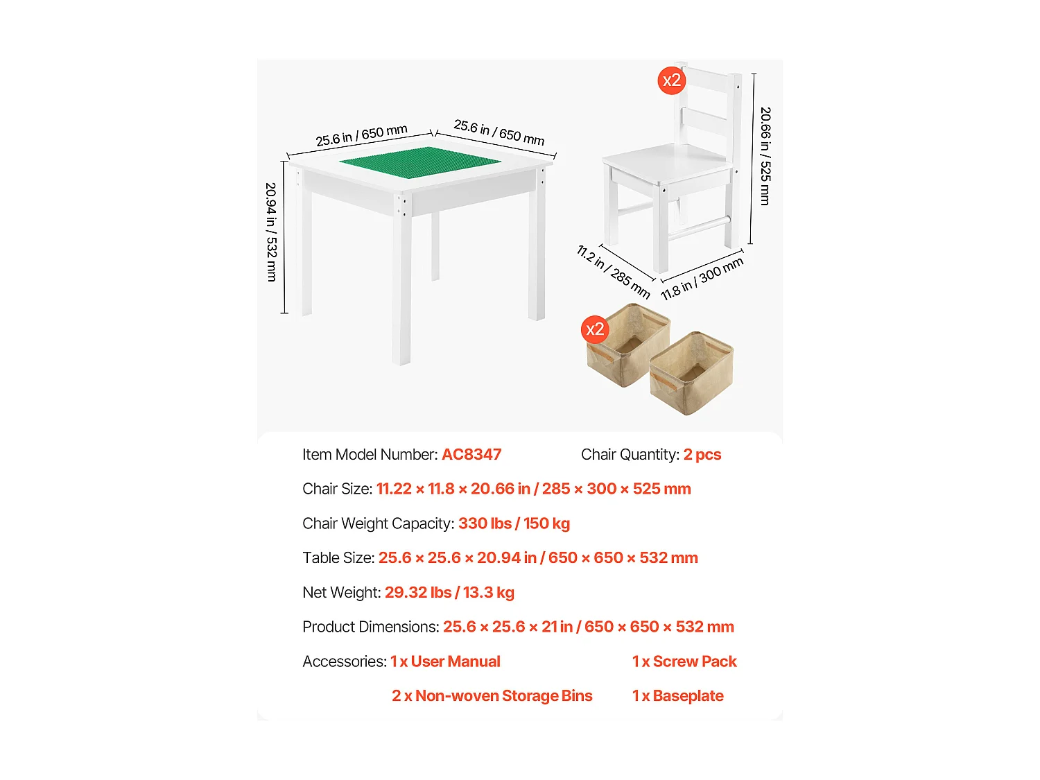 Table d'Activités SucceBuy pour Enfants avec 2 Chaises, Table de Jeu Multifonction, avec Plateau Double Face en Blocs de Construction, Grand Espace de Rangement