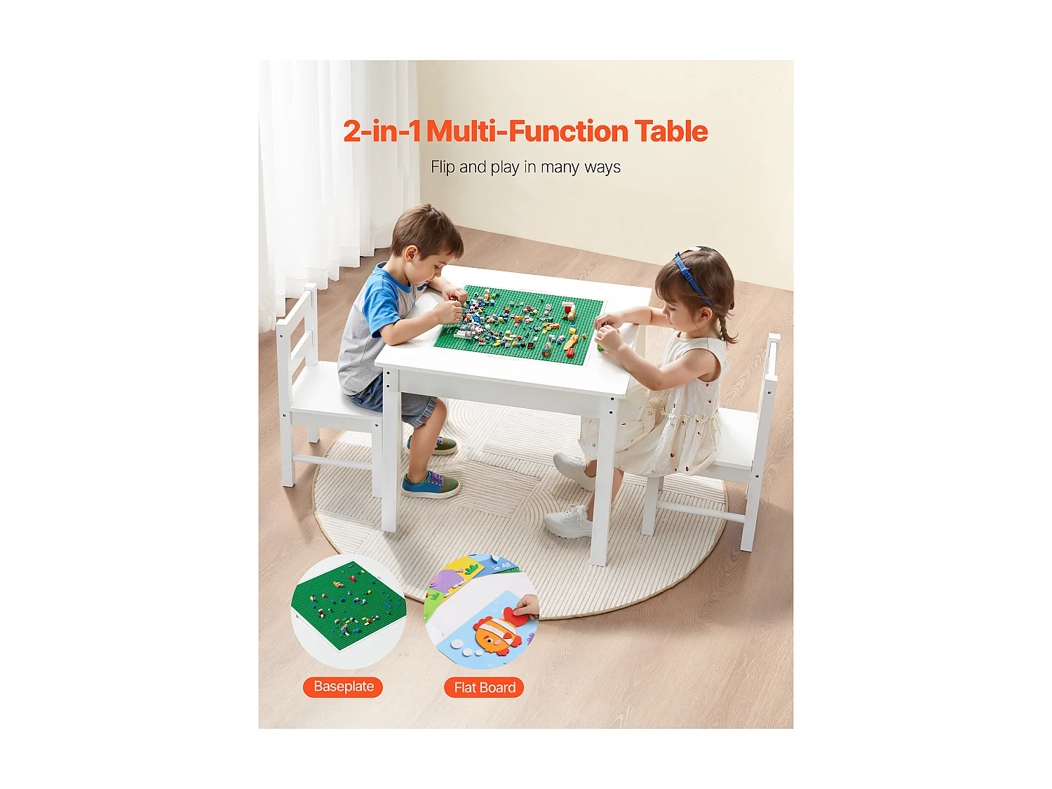 Table d'Activités SucceBuy pour Enfants avec 2 Chaises, Table de Jeu Multifonction, avec Plateau Double Face en Blocs de Construction, Grand Espace de Rangement