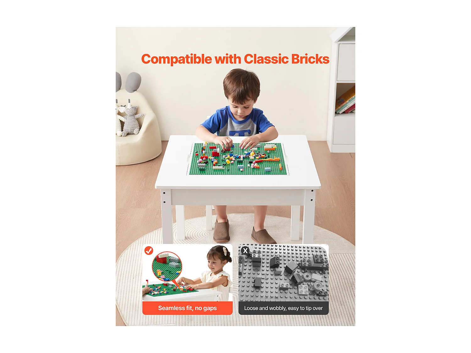 Table d'Activités SucceBuy pour Enfants avec 2 Chaises, Table de Jeu Multifonction, avec Plateau Double Face en Blocs de Construction, Grand Espace de Rangement