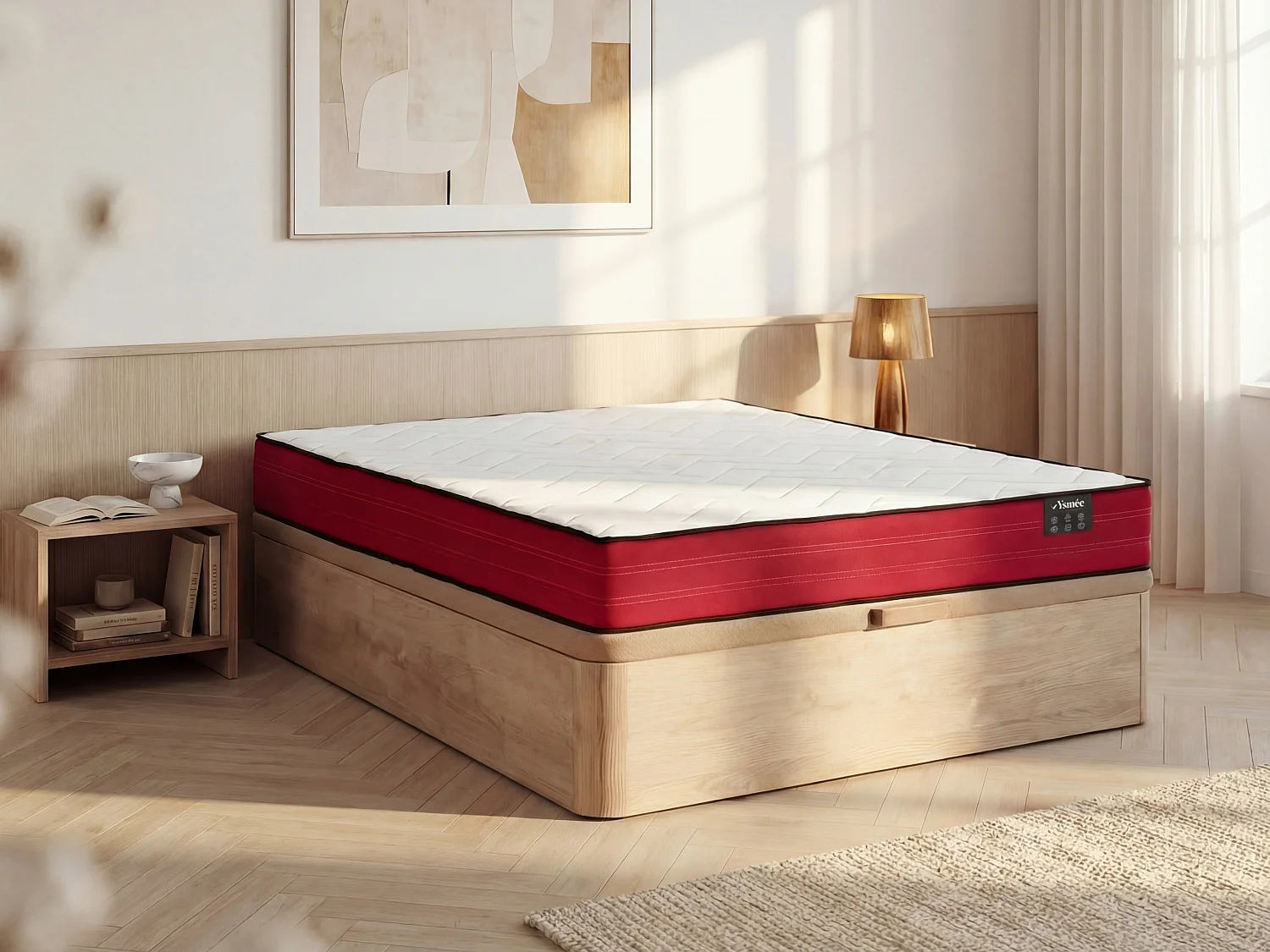 Zestaw 160 x 200 cm: stelaż z pojemnikiem w kolorze naturalnym jasnym + materac ze sprężynami kieszeniowymi, grubość 20 cm – JUBIA od marki YSMÉE