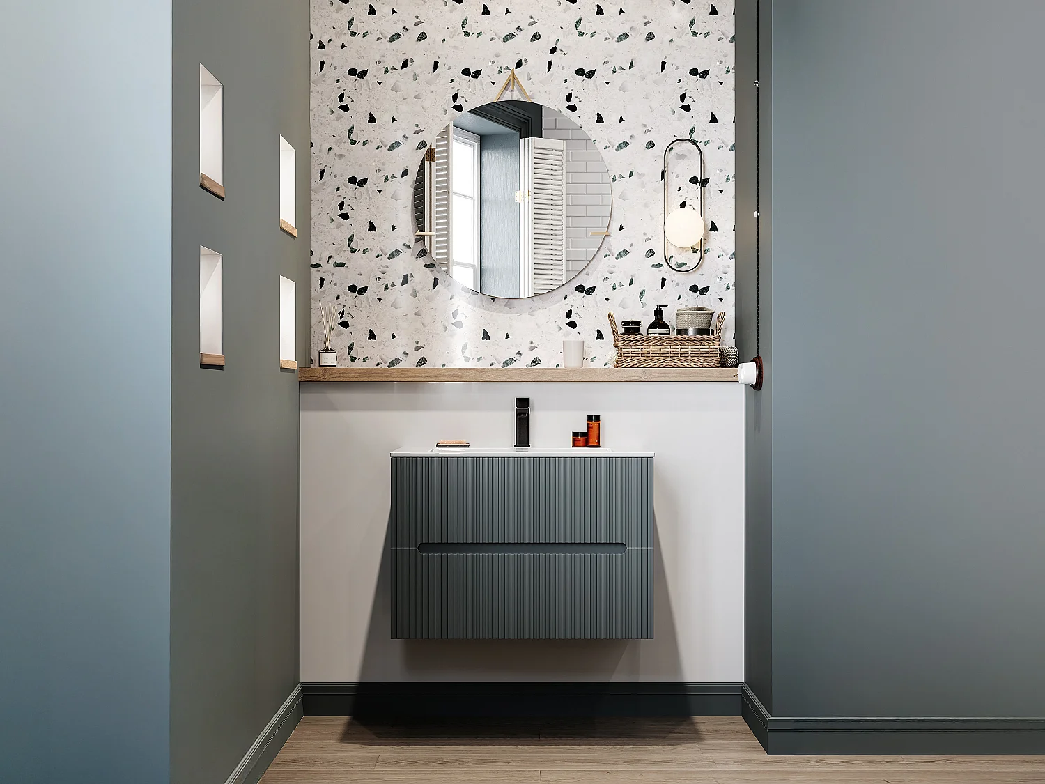 Meuble de salle de bain strié suspendu avec vasque à encastrer et robinet - Gris - 80 cm - PAVANI