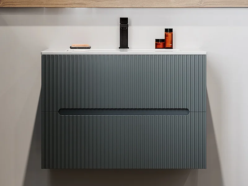 Meuble de salle de bain strié suspendu avec vasque à encastrer et robinet - Gris - 80 cm - PAVANI