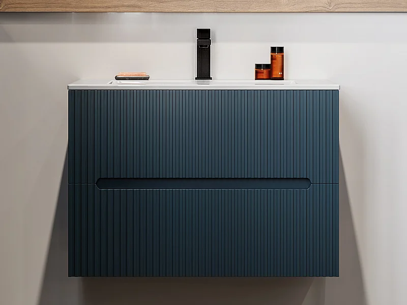 Meuble de salle de bain strié suspendu avec vasque à encastrer et robinet - Bleu - 80 cm - PAVANI