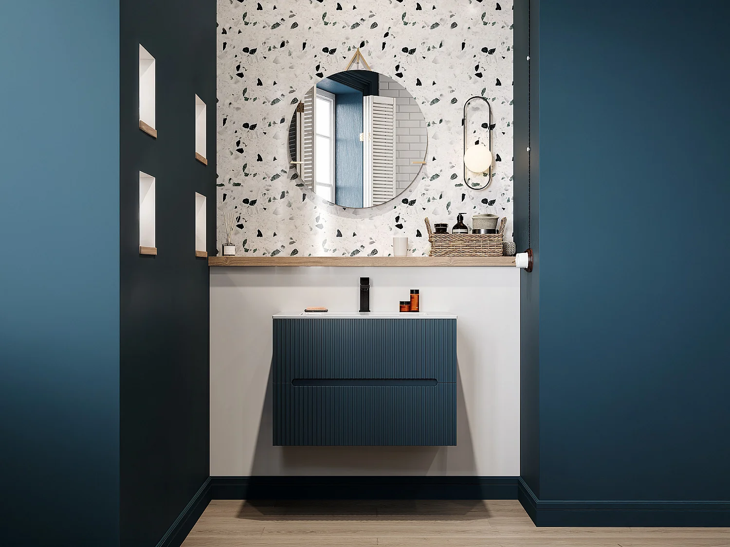 Waschbeckenunterschrank hängend mit Einbauwaschbecken und Armatur - 80 cm - Blau gerippt - PAVANI