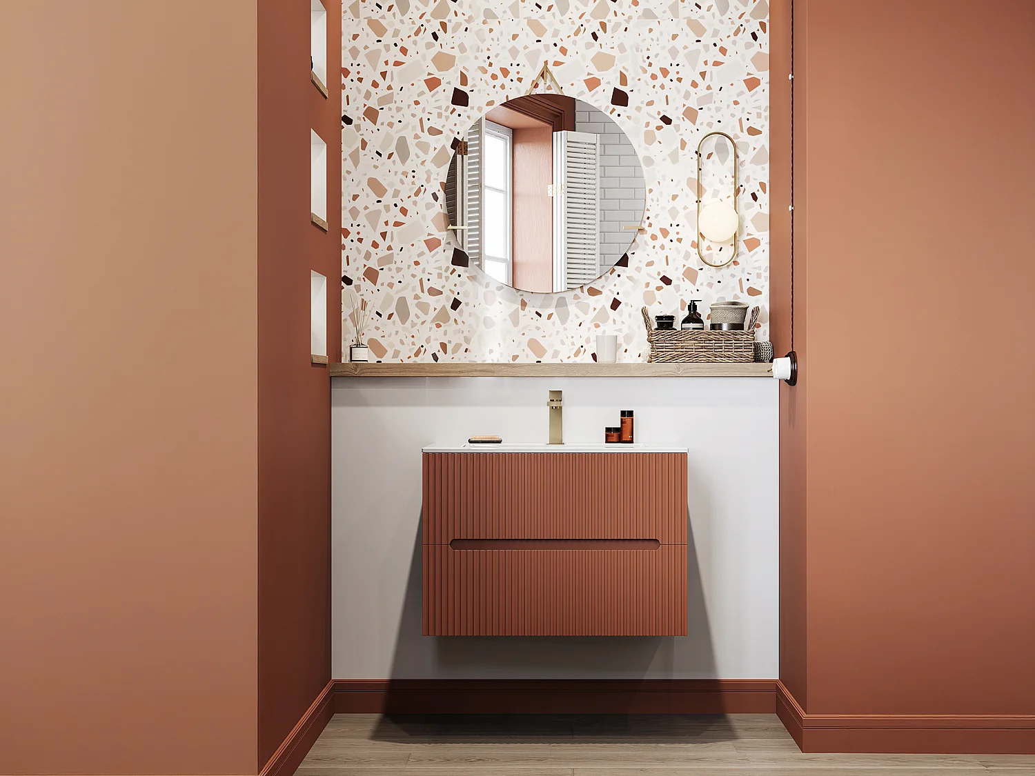 Meuble de salle de bain strié suspendu avec vasque à encastrer et robinet - Terracotta- 80 cm - PAVANI