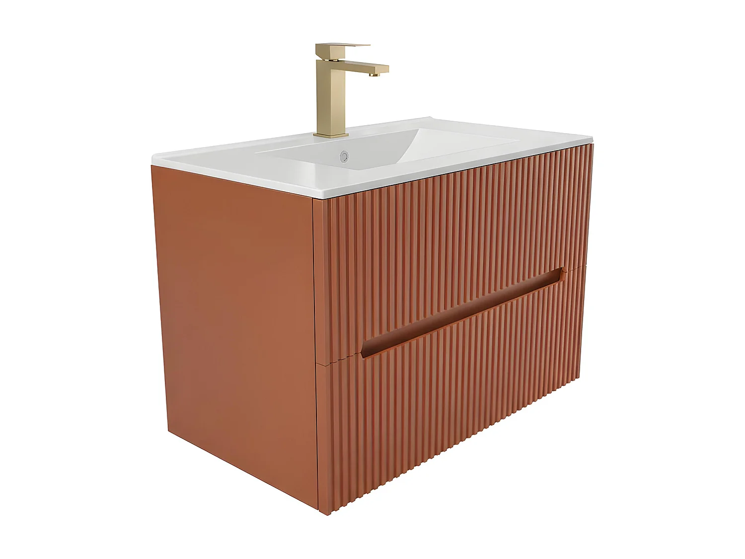 Meuble de salle de bain strié suspendu avec vasque à encastrer et robinet - Terracotta- 80 cm - PAVANI