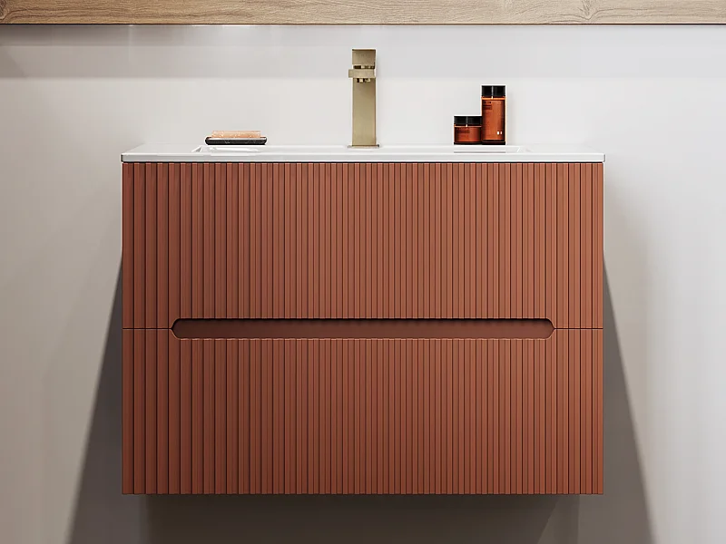 Meuble de salle de bain strié suspendu avec vasque à encastrer et robinet - Terracotta- 80 cm - PAVANI