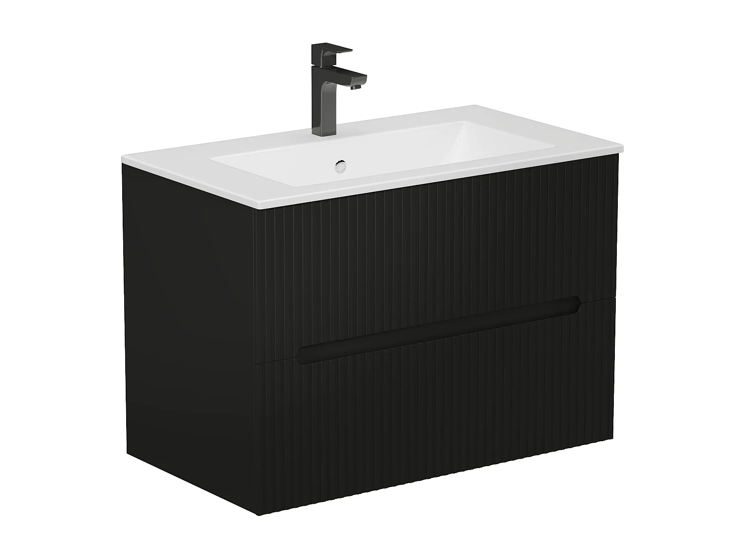 Meuble de salle de bain strié suspendu avec vasque à encastrer et robinet - Noir - 80 cm - PAVANI