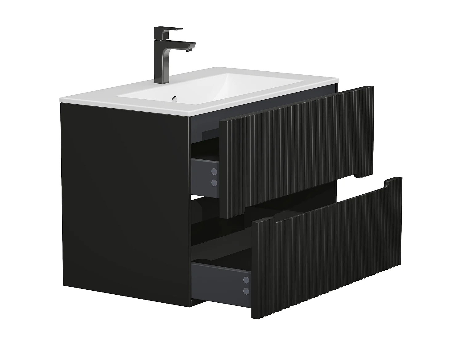 Meuble de salle de bain strié suspendu avec vasque à encastrer et robinet - Noir - 80 cm - PAVANI