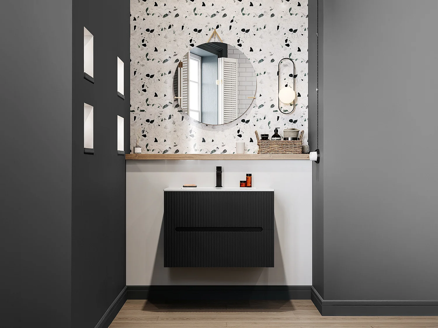 Meuble de salle de bain strié suspendu avec vasque à encastrer et robinet - Noir - 80 cm - PAVANI