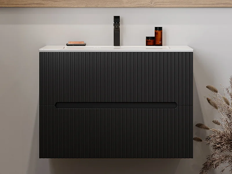 Meuble de salle de bain strié suspendu avec vasque à encastrer et robinet - Noir - 80 cm - PAVANI