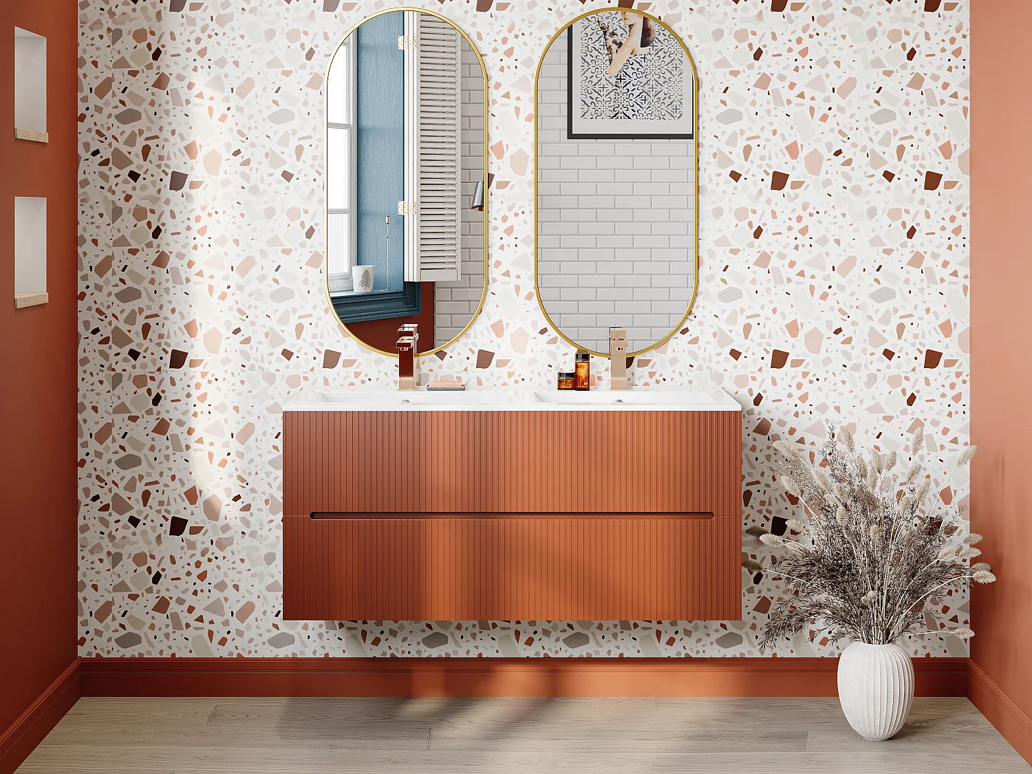 Meuble de salle de bain suspendu strié avec vasque à encastrer et robinet- Terracotta - 120 cm - PAVANI