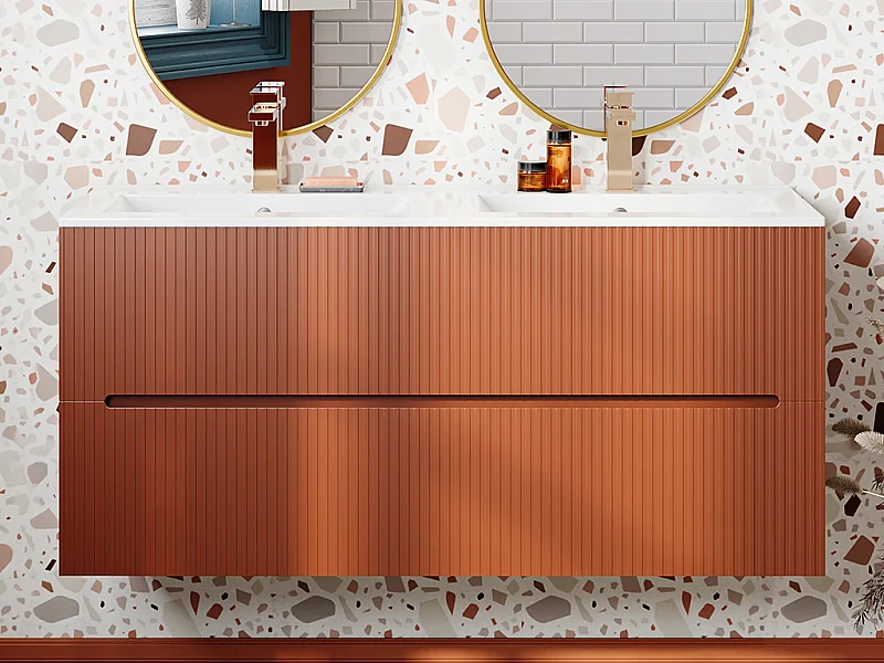 Meuble de salle de bain suspendu strié avec vasque à encastrer et robinet- Terracotta - 120 cm - PAVANI