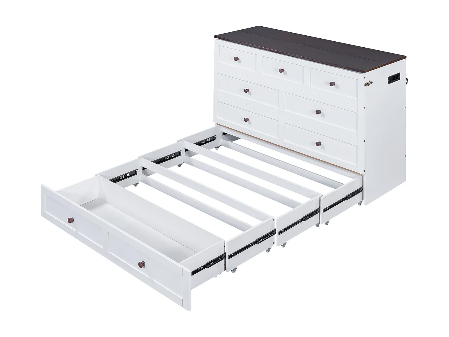 Lit escamotable 140 x 200 cm avec tiroirs, étagère, prises USB et électrique, plateforme convertible, pin blanc, sans matelas