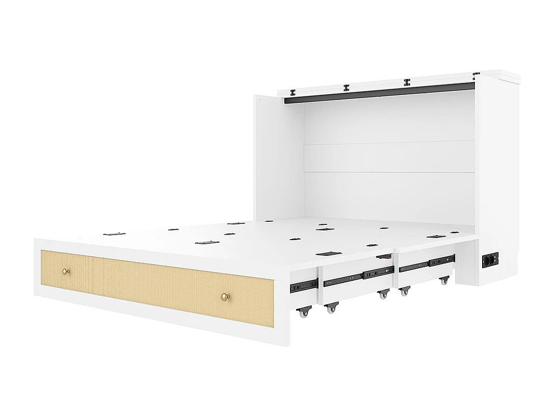 Lit escamotable 140x200cm avec prise USB, tiroirs, étagère, blanc