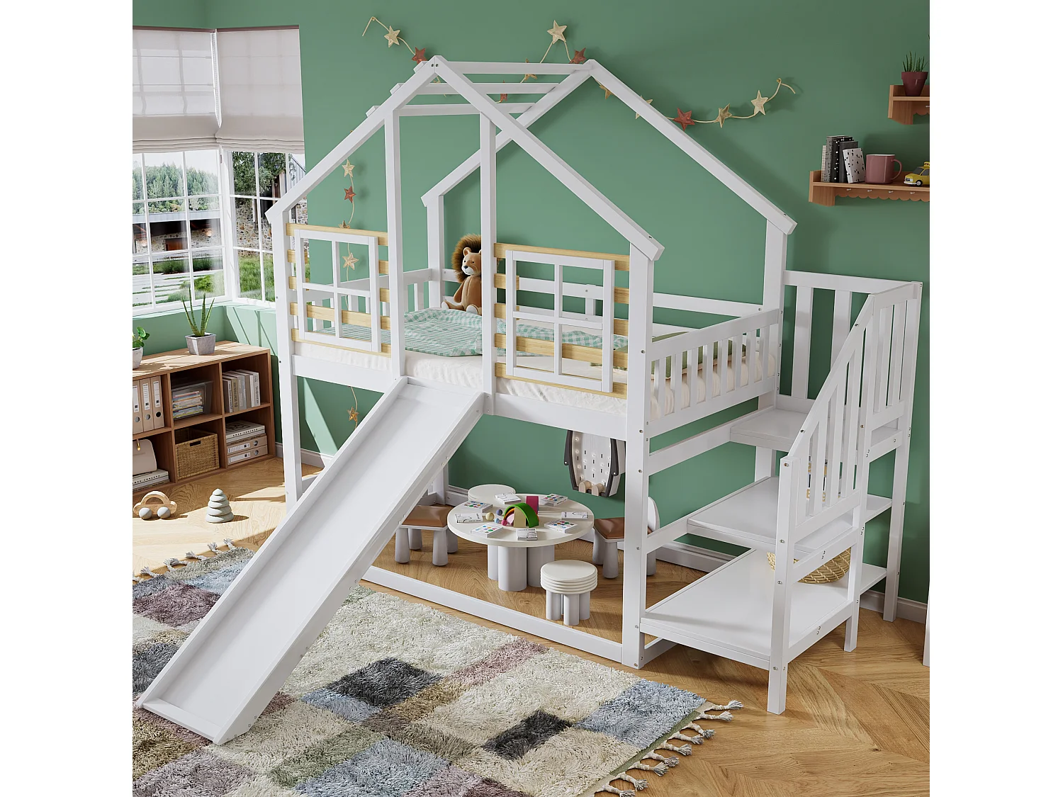 Lit superposé 90x200cm, lit enfant avec escalier,barrière de sécurité,toboggan et fenêtre, bois massif, blanc, sans matelas