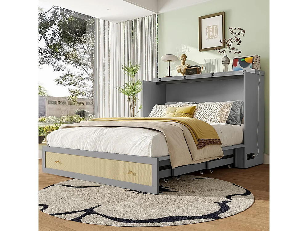 Lit escamotable 140x200cm avec prise USB, tiroirs, étagère, gris