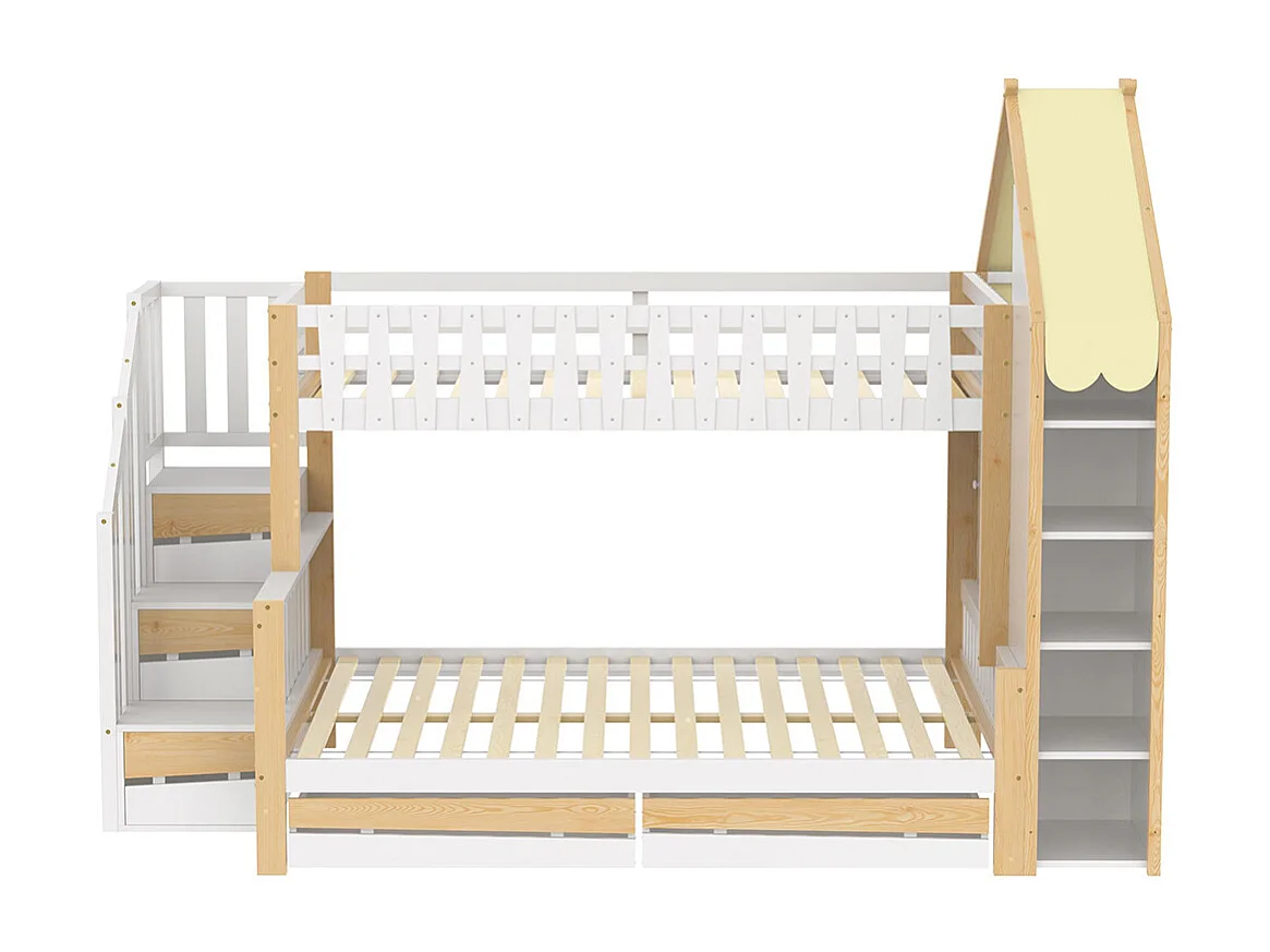 Stapelbed, 90x200cm + 140x200cm, opbergladder, bedhekje, 2 lades, onregelmatig bedhekje, matras niet inbegrepen, wit + naturel