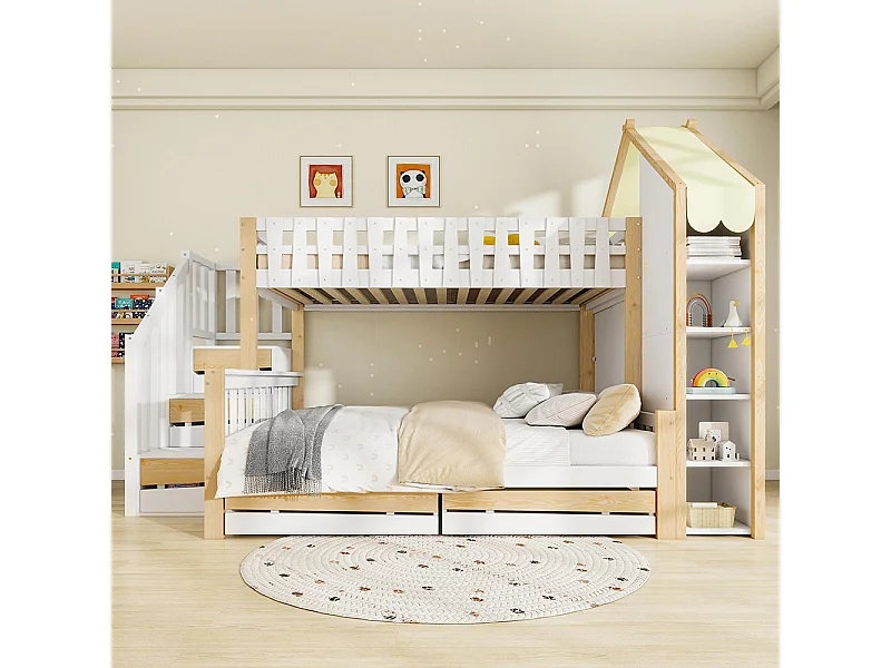 Stapelbed, 90x200cm + 140x200cm, opbergladder, bedhekje, 2 lades, onregelmatig bedhekje, matras niet inbegrepen, wit + naturel