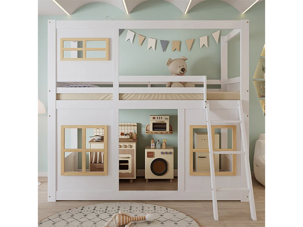 Stapelbed, kinderbed, 90x200cm, met raam, stevige trap en vierzijdige veiligheidsrail, grenenhout+MDF+multiplex, wit+naturel