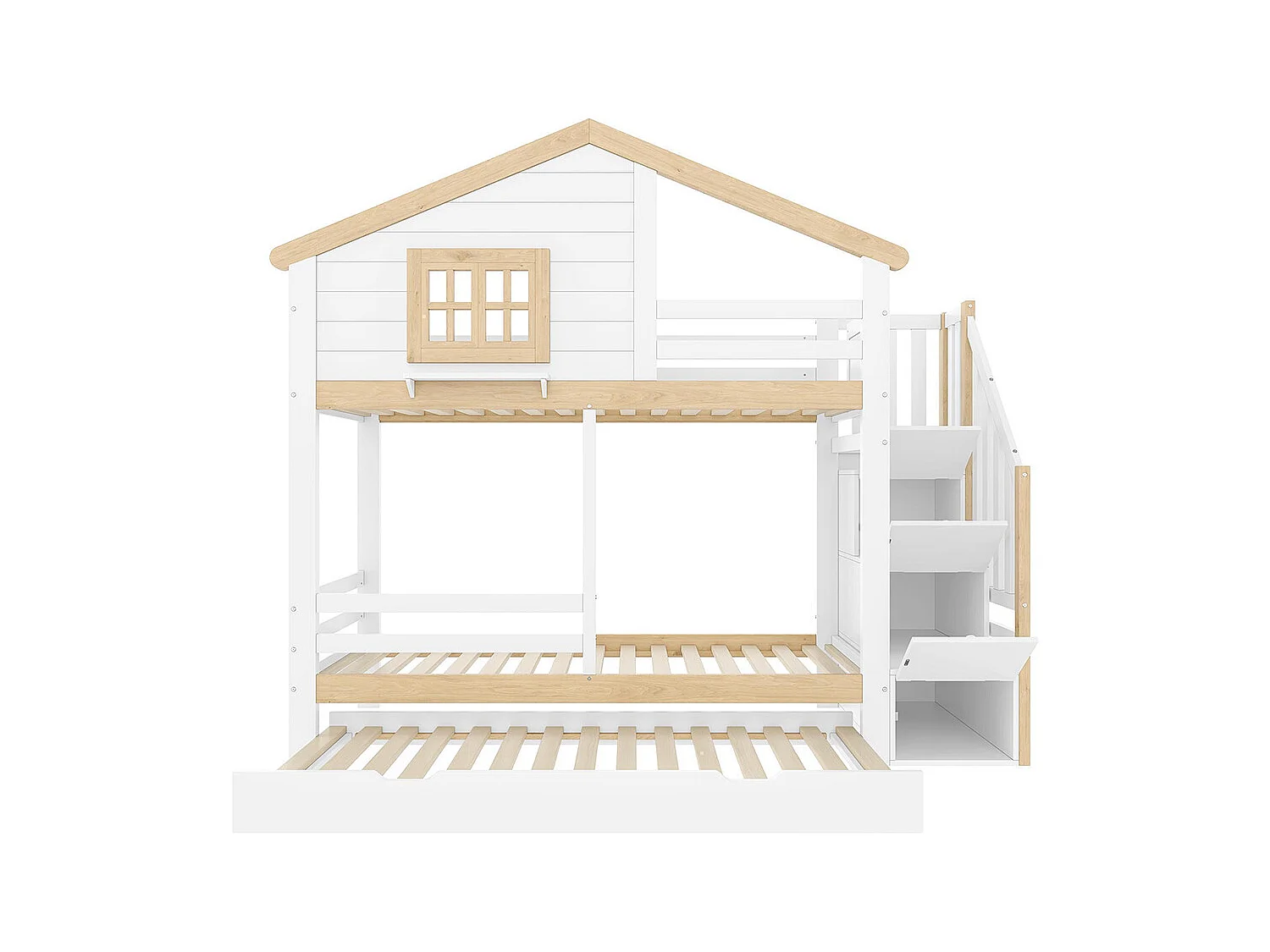 Lit superposé 90x200cm, barrière de lit, lit gigogne, échelle de rangement, fenêtre, barrière de sécurité, blanc, naturel