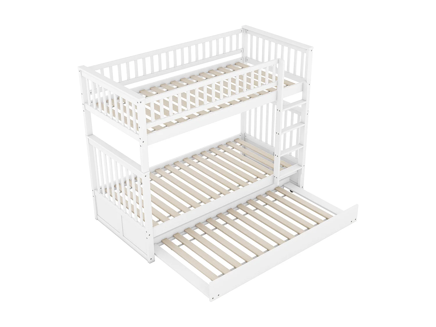 Lit superposé 90x200cm, lit enfant, avec lit gigogne, barrières de sécurité hautes et escalier, pin et MDF, blanc, sans matelas