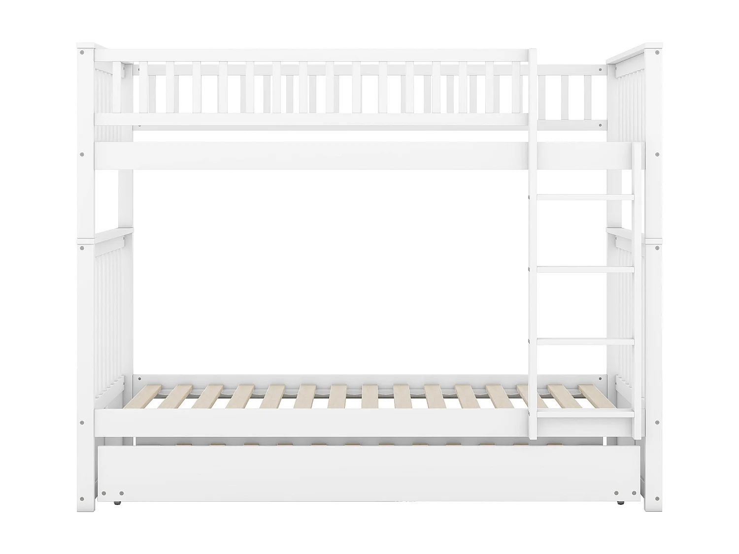 Lit superposé 90x200cm, lit enfant, avec lit gigogne, barrières de sécurité hautes et escalier, pin et MDF, blanc, sans matelas