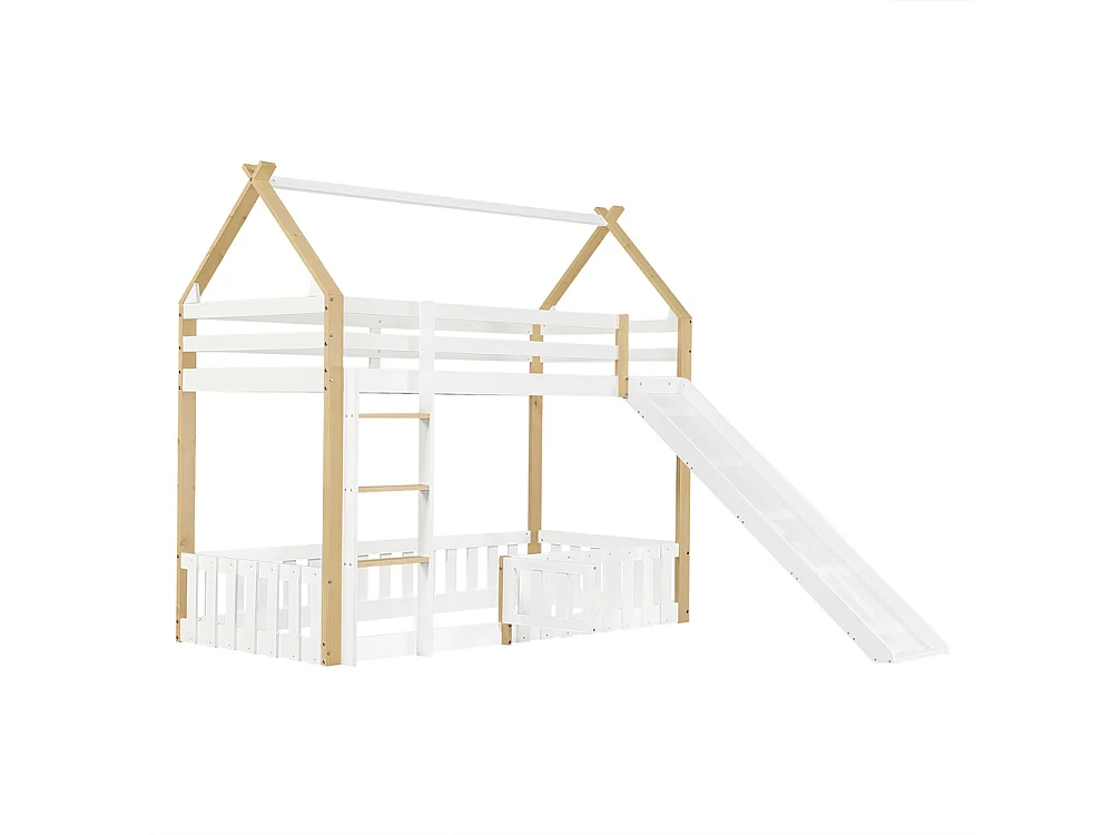 Lit superposé,lit enfant,90x200cm,avec toboggan,sommier à lattes,échelle,espace libre avec barrière,pin+contreplaqué,blanc+naturel