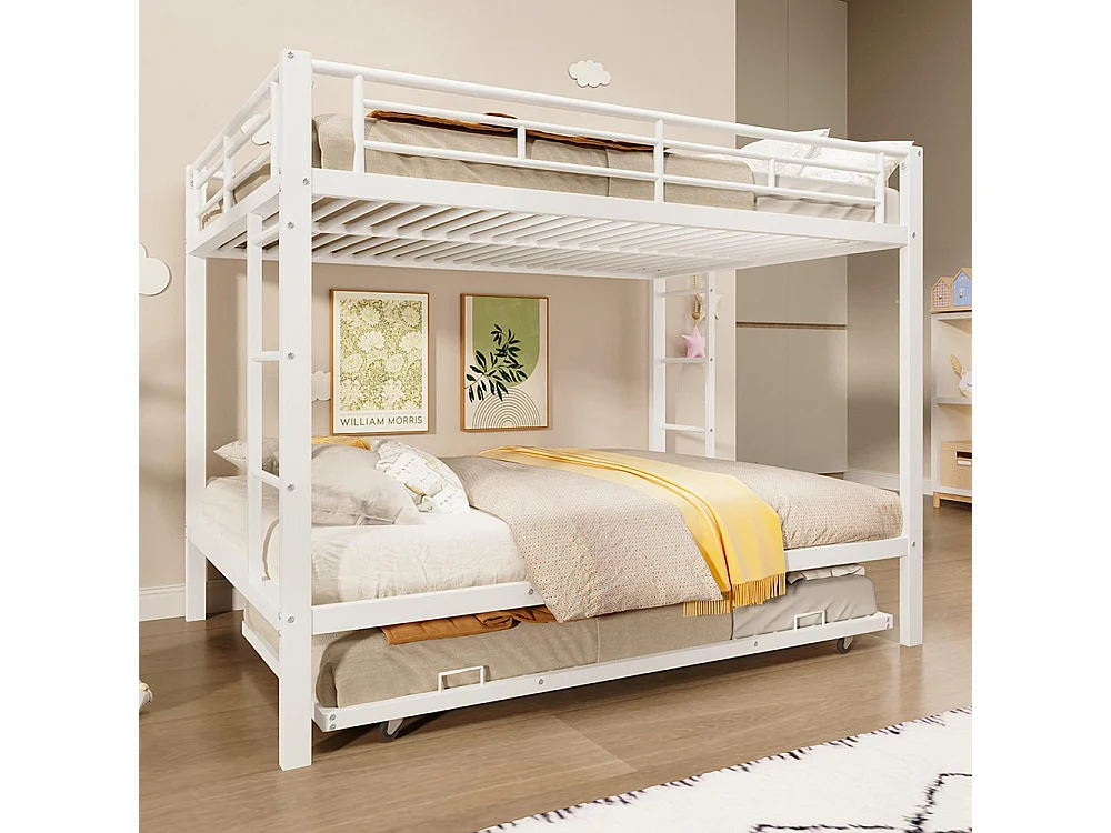 Stapelbed 140x200cm, ijzeren frame, kinderbed, voorzien van uitschuifbaar bed, hoge veiligheidsrail, matras niet inbegrepen, wit