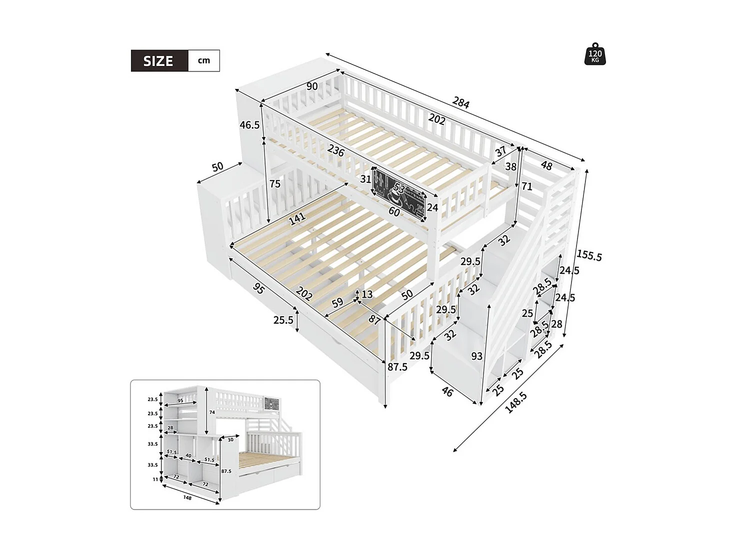 Lit cabane 140x200cm + 90x200cm, lit enfant, lit superposé, avec panneau style graffiti, escalier et tiroirs, blanc, sans matelas