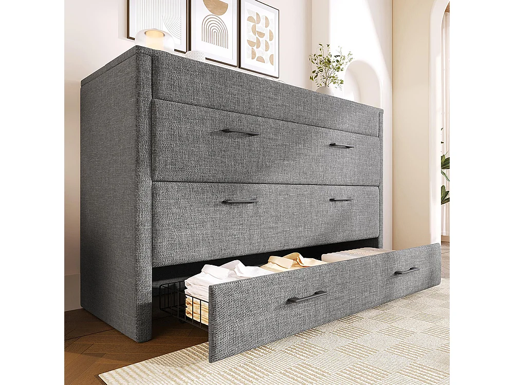 Wandbed van 140x200 cm met USB-C-poort, lade en opbergvak, linnen, grijs