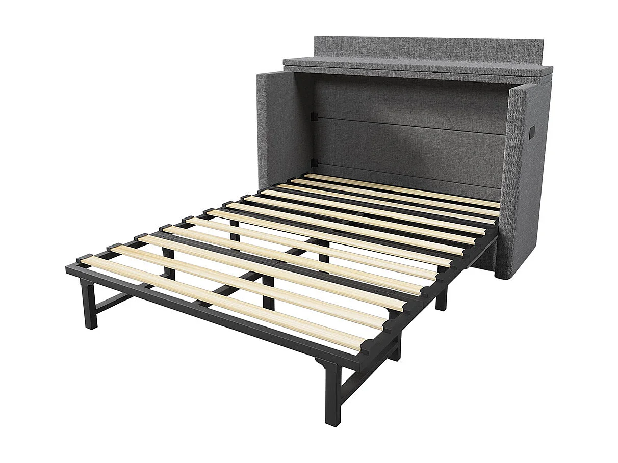 Wandbed van 140x200 cm met USB-C-poort, lade en opbergvak, linnen, grijs