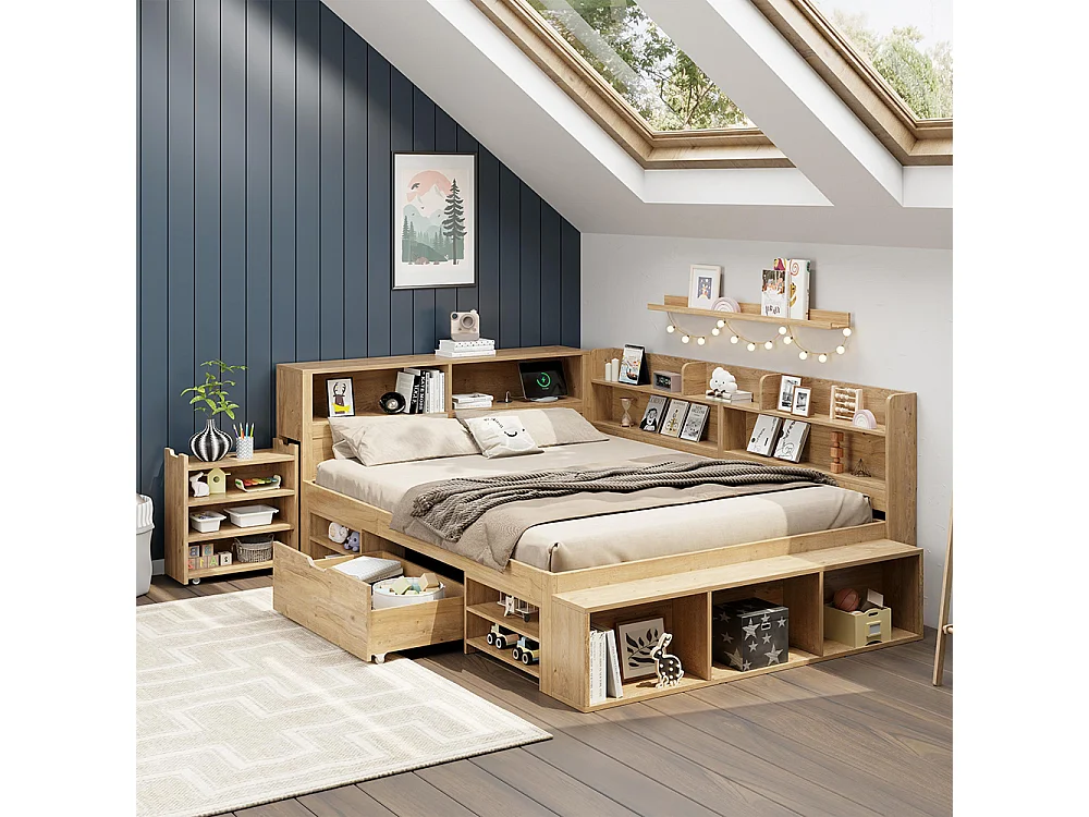Kinderbed 140 x 200 cm, opbergbed, massief houten bed, eenpersoonsbed, lades, planken, opbergkast, matras niet inbegrepen, naturel