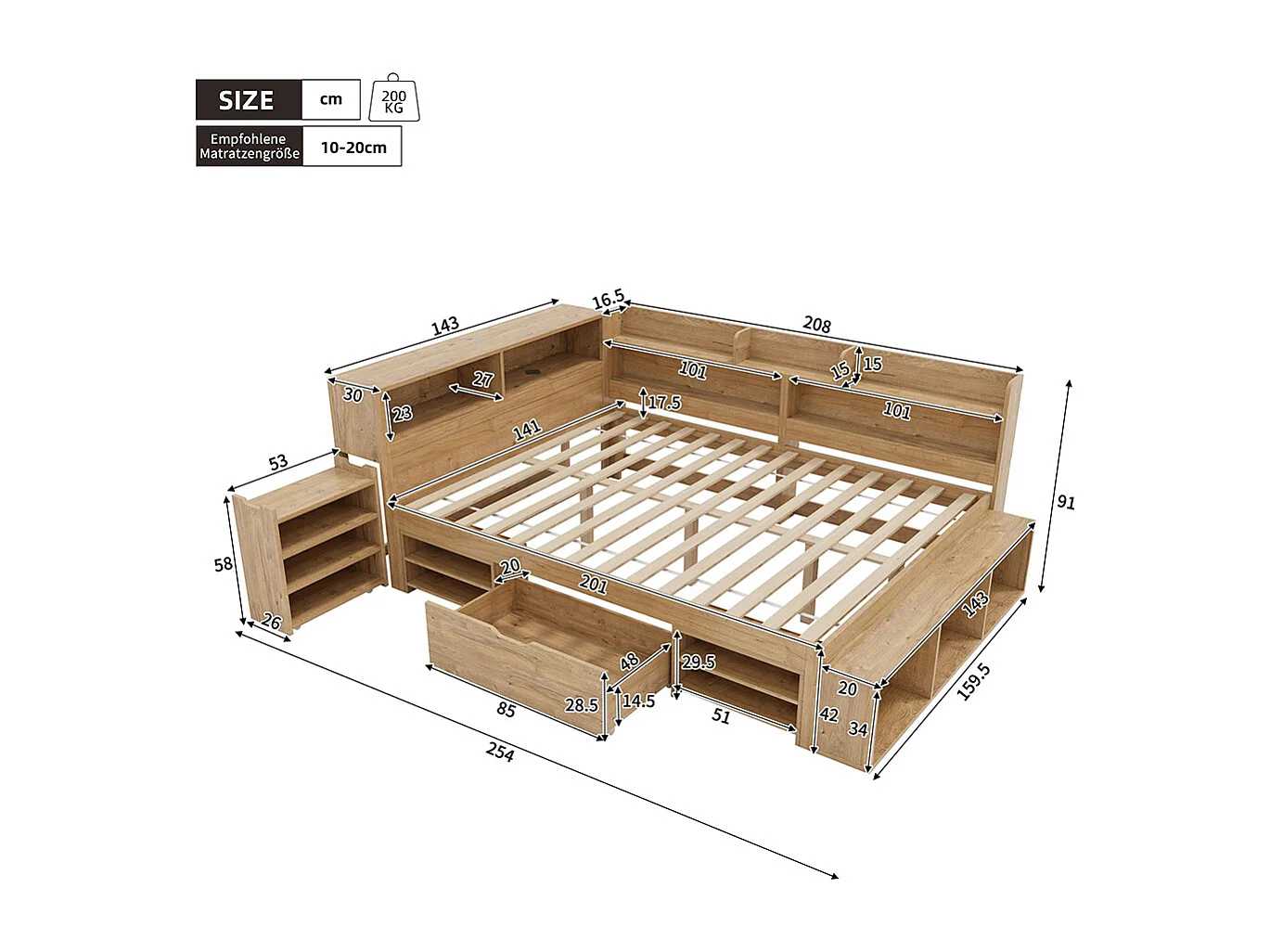 Kinderbed 140 x 200 cm, opbergbed, massief houten bed, eenpersoonsbed, lades, planken, opbergkast, matras niet inbegrepen, naturel
