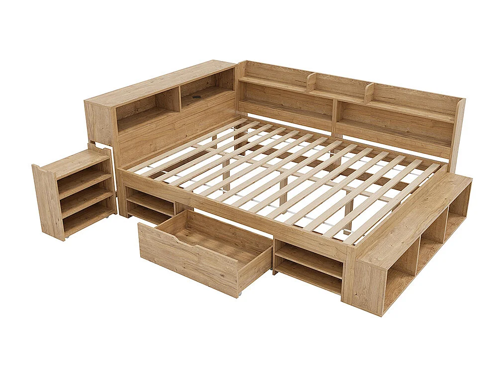 Kinderbed 140 x 200 cm, opbergbed, massief houten bed, eenpersoonsbed, lades, planken, opbergkast, matras niet inbegrepen, naturel