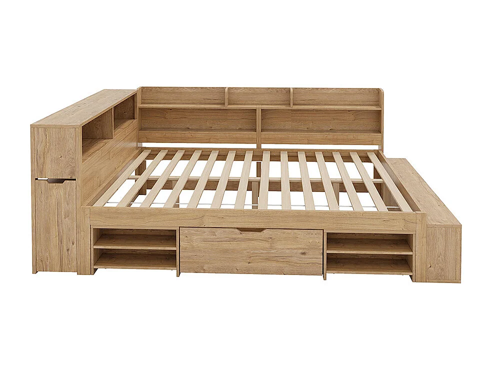 Kinderbed 140 x 200 cm, opbergbed, massief houten bed, eenpersoonsbed, lades, planken, opbergkast, matras niet inbegrepen, naturel