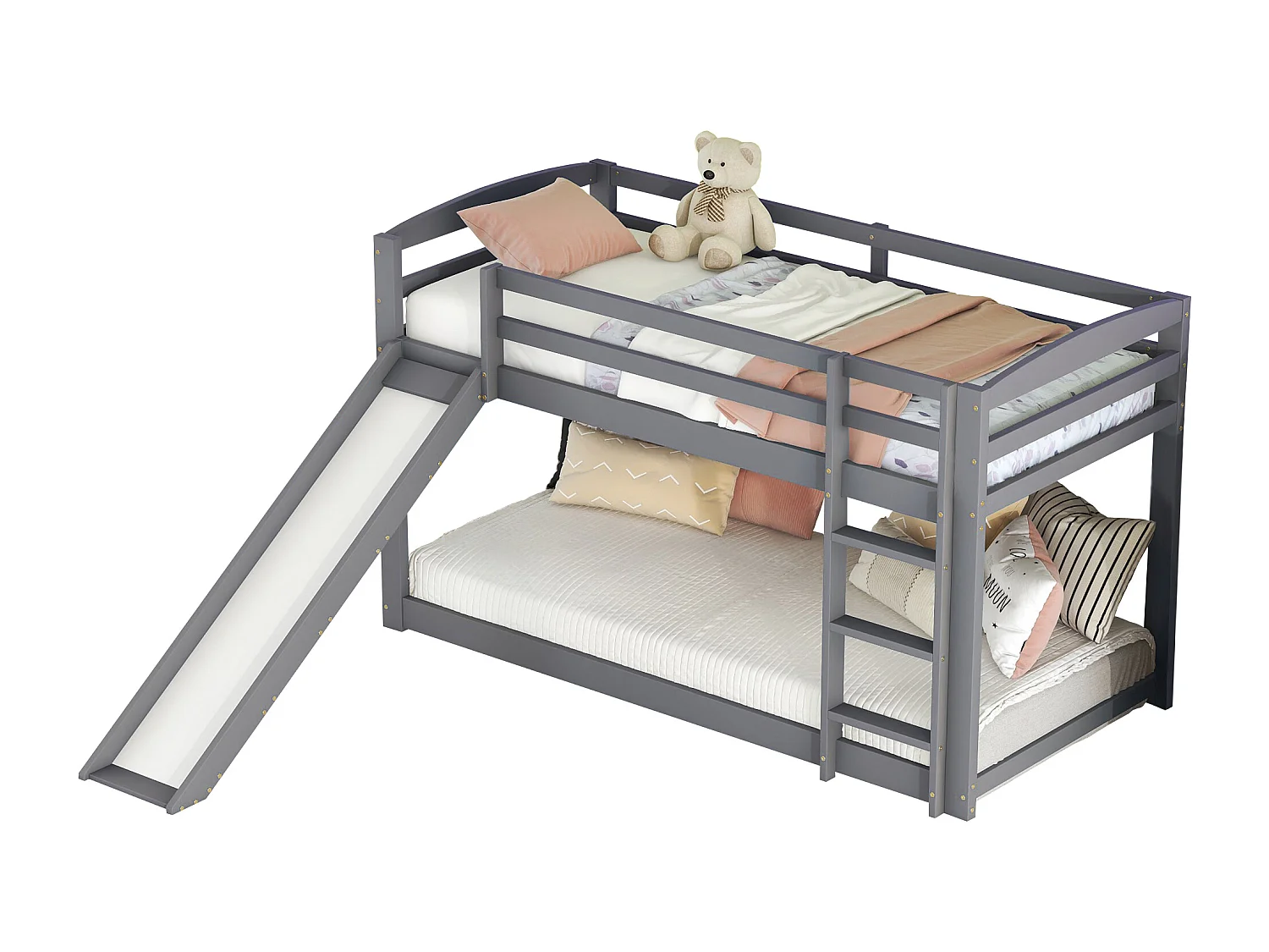 Lit superposé 90x200cm, lit junior, lit enfant avec toboggan, structure en bois massif, gris, sans matelas