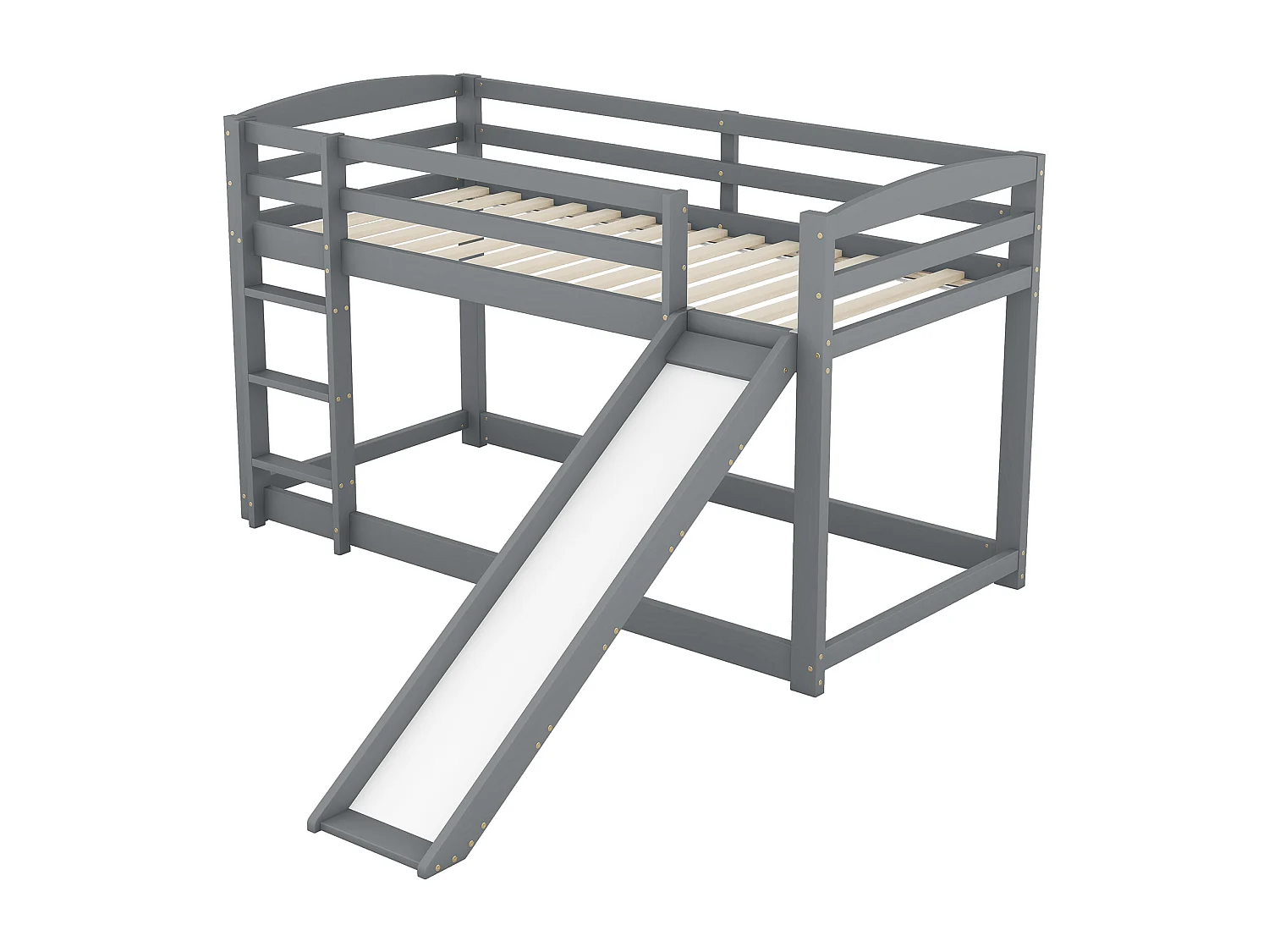 Lit superposé 90x200cm, lit junior, lit enfant avec toboggan, structure en bois massif, gris, sans matelas