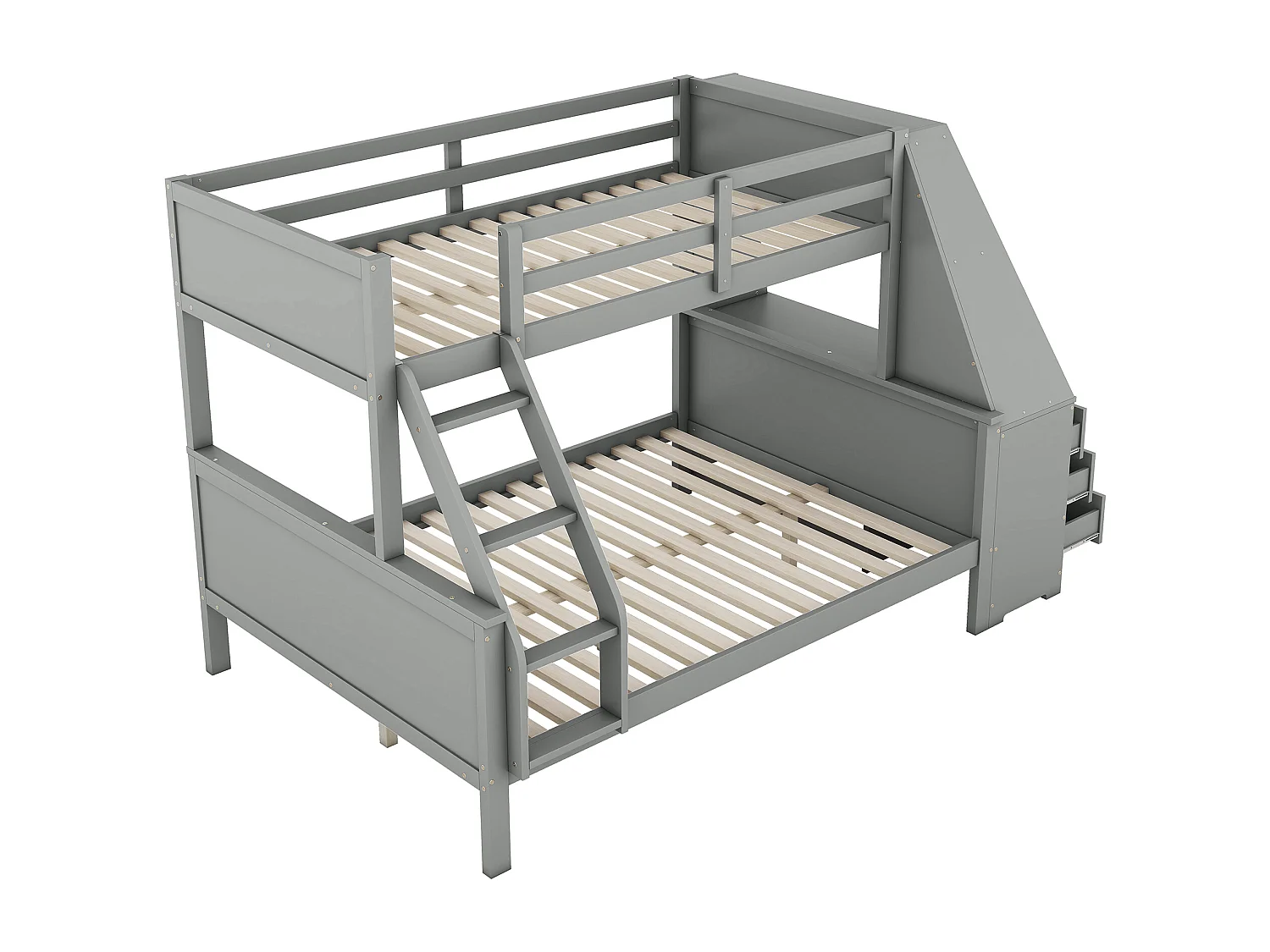 Lit superposé 90x200cm, 140x200cm, lit enfant, avec table, grand espace de rangement, barrière de sécurité haute, gris, sans matelas