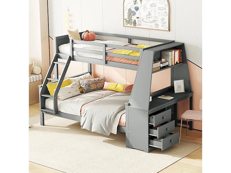 Lit superposé 90x200cm, 140x200cm, lit enfant, avec table, grand espace de rangement, barrière de sécurité haute, gris, sans matelas