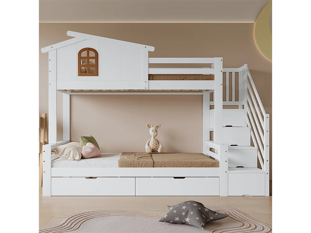 Lit superposé,lit enfant,90x200cm/120x200cm,avec 2 tiroirs,fenêtre,armoire échelle,sommier à lattes,pin+contreplaqué,blanc+naturel