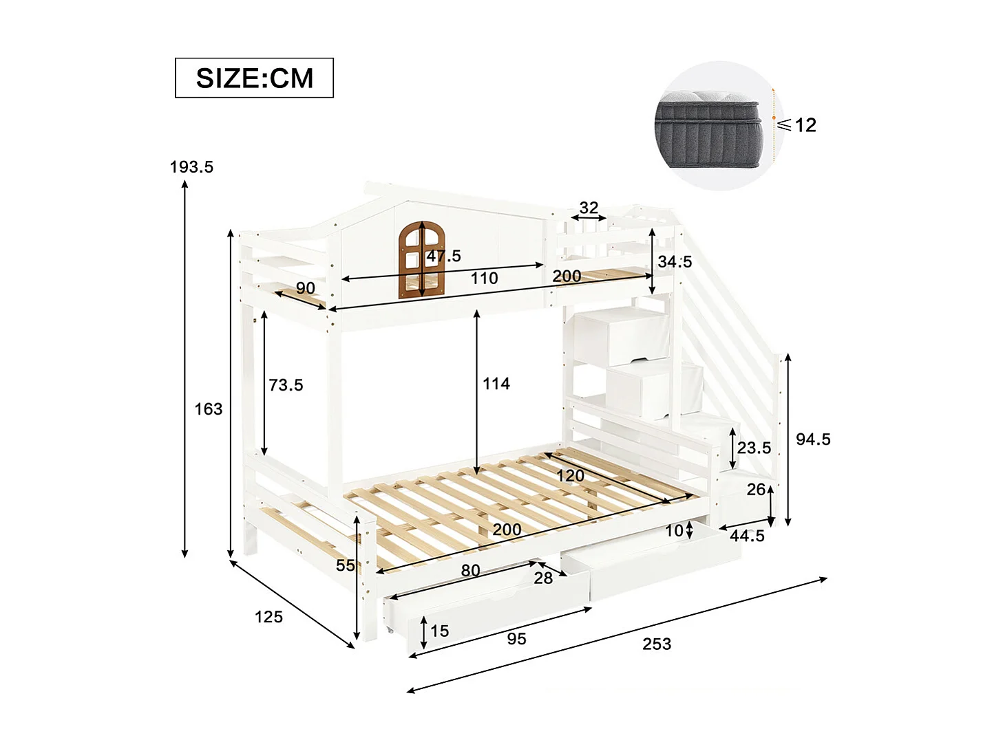 Lit superposé,lit enfant,90x200cm/120x200cm,avec 2 tiroirs,fenêtre,armoire échelle,sommier à lattes,pin+contreplaqué,blanc+naturel