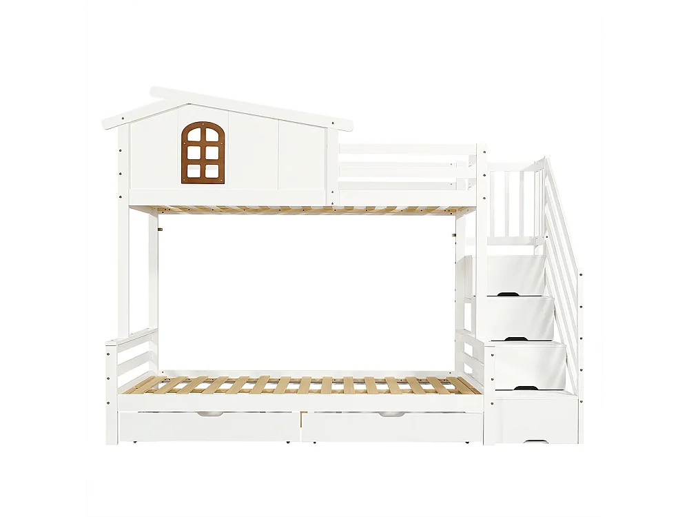 Lit superposé,lit enfant,90x200cm/120x200cm,avec 2 tiroirs,fenêtre,armoire échelle,sommier à lattes,pin+contreplaqué,blanc+naturel