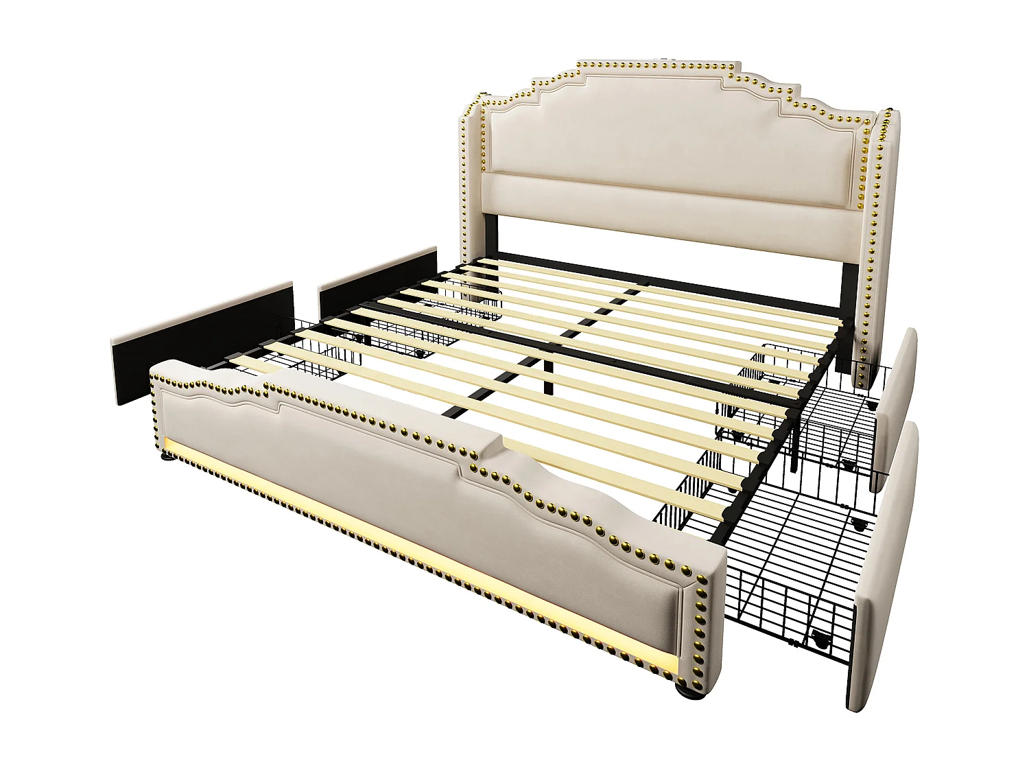 Gestoffeerd bed 140x200cm, tweepersoonsbed met 4 lades, ledverlichting, USB-C en lattenbodem, fluweel, beige, inclusief matras